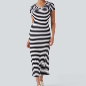 NWT Halara V Neck Stripe Midi Casual T-Shirt Dress White/Black Size:Large